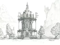 Size: 1400x1051 | Tagged: safe, artist:baron engel, derpibooru import, building, canterlot, flag, image, jpeg, monochrome, mountain, no pony, pencil drawing, ponyville, ponyville town hall, scenery, traditional art, tree