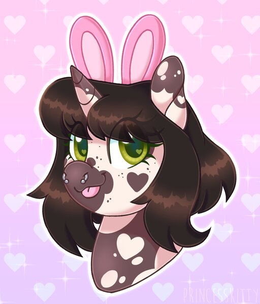 Size: 1381x1618 | Tagged: safe, artist:princesssoftpaw, derpibooru import, oc, oc:bunny, unofficial characters only, pony, unicorn, bunny ears, heart, image, jpeg, looking at you, nose piercing, nose ring, piercing, smiling, solo