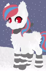 Size: 194x300 | Tagged: safe, derpibooru import, oc, oc:snowi, pony, unicorn, blue hair, clothes, female, image, mare, png, red eyes, red hair, snow, socks