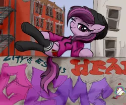 Size: 4096x3400 | Tagged: safe, artist:littlenaughtypony, derpibooru import, oc, oc:ruby geminis, earth pony, pony, beanie, clothes, graffiti, hat, hoodie, image, jpeg, smiling, socks, stockings, thigh highs, underhoof, wall