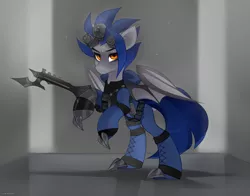 Size: 2300x1800 | Tagged: safe, artist:zlatavector, derpibooru import, oc, oc:dark blade, unofficial characters only, bat pony, pegasus, pony, bat pony oc, bat wings, claws, commission, equipment, image, male, metal claws, png, solo, stallion, wings