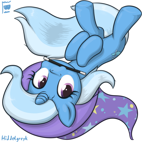 Size: 1000x1000 | Tagged: safe, artist:hiddelgreyk, derpibooru import, trixie, pony, unicorn, artist signature, clothes, cute, female, hat, image, lying down, object in mouth, png, upside down, wand