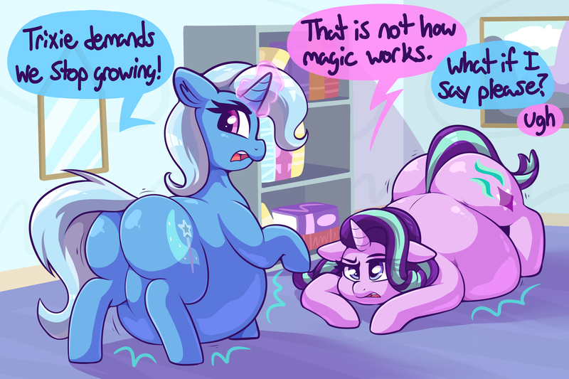 Size: 4232x2820 | Tagged: questionable, artist:graphenescloset, derpibooru import, starlight glimmer, trixie, series:starlight and trixie magic gain drive, belly, big belly, butt, dialogue, duo, fat, image, incentive drive, magic, mutual gain, png, starlard glimmer, the great and bountiful trixie, the great and powerful ass, weight gain, weight gain sequence