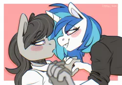 Size: 2048x1423 | Tagged: safe, artist:lrusu, derpibooru import, octavia melody, vinyl scratch, anthro, earth pony, unicorn, black shirt, blushing, clothes, female, holding hands, image, jpeg, leaning forward, lesbian, scratchtavia, shipping, shirt, white shirt