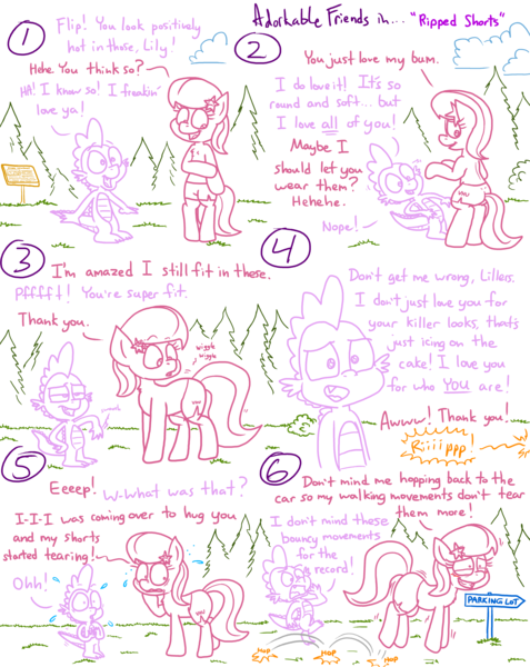 Size: 4779x6013 | Tagged: safe, artist:adorkabletwilightandfriends, derpibooru import, lily, lily valley, spike, comic:adorkable twilight and friends, adorkable, adorkable friends, bipedal, bouncing, butt, clothes, comic, conversation, cute, date, dating, dimples, dimples of venus, dork, embarrassed, embarrassed body exposure, embarrassed nude exposure, excited, eyes on the prize, flirt, flirting, flirty, forest, grass, happy, hopping, humor, image, jiggle, jiggling, kindness, looking, love, nervous, nudity, pants, plot, png, relationship, ripped pants, ripping, ripping clothes, running, shorts, slice of life, stare, tearing, torn clothes, tree, volleyball shorts, we don't normally wear clothes
