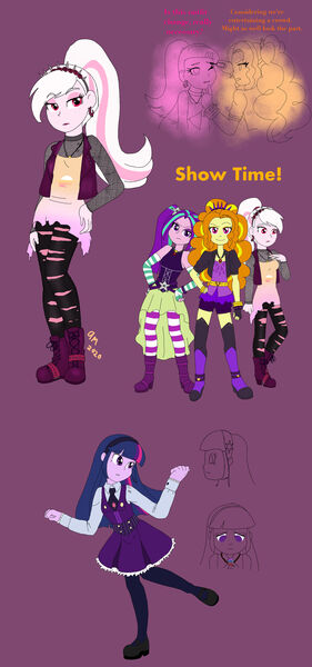 Size: 1600x3420 | Tagged: safe, artist:fallenangel5414, derpibooru import, adagio dazzle, aria blaze, sci-twi, twilight sparkle, oc, oc:eventide hymn, fanfic:the bridge, disguise, fanfic art, image, jpeg, makeup