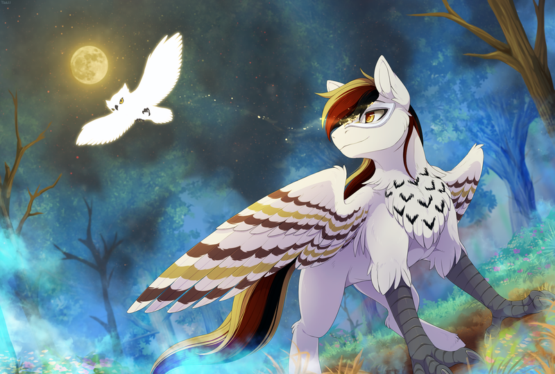 Size: 4456x3000 | Tagged: safe, artist:mr-tiaa, derpibooru import, oc, oc:silent flight, bird, hippogriff, owl, dead tree, full moon, illusion, image, mask, moon, png, stars, talons, tree