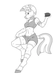 Size: 1024x1461 | Tagged: safe, artist:anadukune, derpibooru import, zecora, anthro, unguligrade anthro, zebra, burger, clothes, commission, female, food, hamburger, image, jpeg, lineart, looking at you, monochrome, shorts, simple background, socks, solo, tanktop, white background, wip