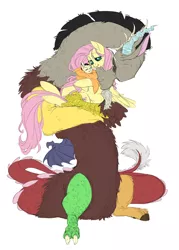 Size: 3194x4458 | Tagged: safe, artist:snspony, derpibooru import, discord, fluttershy, draconequus, hybrid, pegasus, pony, discoshy, female, high res, holding a pony, image, interspecies offspring, male, offspring, parent:discord, parent:fluttershy, parents:discoshy, png, shipping, simple background, straight, white background