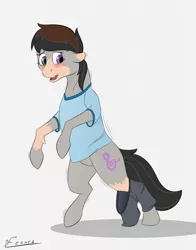Size: 1006x1280 | Tagged: safe, artist:furnaise, derpibooru import, octavia melody, earth pony, human, pony, blushing, clothes, human to pony, image, jpeg, male to female, pants, rule 63, shirt, solo, transformation, transgender transformation
