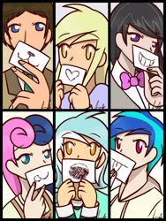 Size: 750x1000 | Tagged: safe, artist:platinum-starz, derpibooru import, bon bon, derpy hooves, doctor whooves, lyra heartstrings, octavia melody, sweetie drops, time turner, vinyl scratch, human, :3, :p, adorabon, apron, background six, bowtie, clothes, coat, cute, derpabetes, female, grin, heart, hoodie, humanized, image, jpeg, lyrabetes, male, necktie, open mouth, paper, shirt, smiling, t-shirt, tavibetes, tongue out, vinylbetes