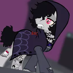 Size: 704x707 | Tagged: safe, artist:crossthecanine, derpibooru import, oc, oc:darkjester, pegasus, pony, spider, base used, choker, concert, contact lens, curly hair, glare, goth, gothic, hello kitty, image, performance, piercing, png, sharp teeth, solo, spider web, spiderwebs, spiked, spiked choker, tattoo, teeth