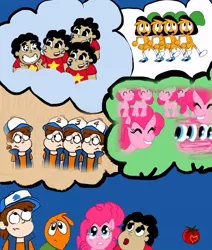 Size: 500x591 | Tagged: safe, artist:ardenttomatostudio, derpibooru import, pinkie pie, too many pinkie pies, clone, dipper pines, gravity falls, image, jpeg, multeity, steven quartz universe, steven universe, the wanders, thought bubble, thoughts, too much pink energy is dangerous, wander over yonder, wander (wander over yonder)