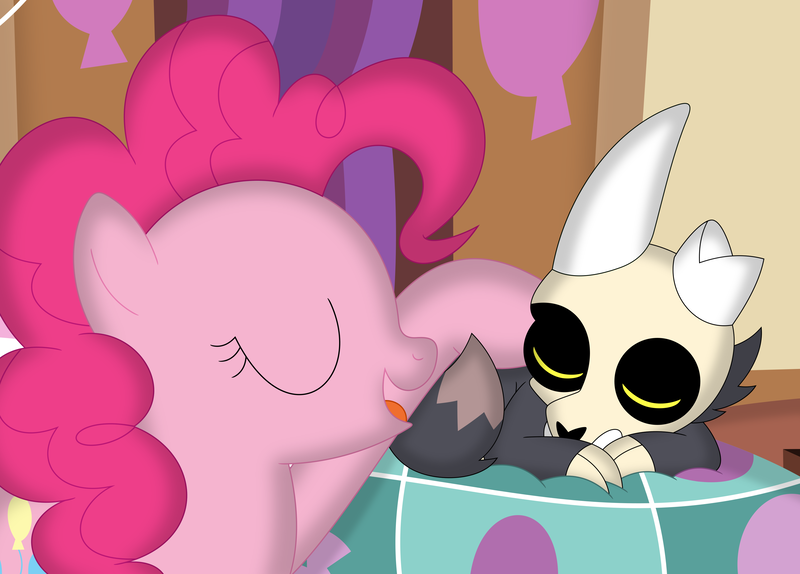 Size: 3561x2553 | Tagged: safe, artist:porygon2z, derpibooru import, pinkie pie, earth pony, pony, duo, eyes closed, female, image, king (the owl house), lullaby, male, open mouth, png, sleeping, sugarcube corner, the owl house