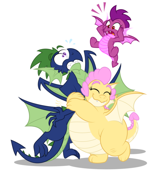 Size: 1280x1459 | Tagged: safe, artist:aleximusprime, derpibooru import, oc, oc:buttercream the dragon, oc:penny the dragon, oc:percy the dragon, dragon, flurry heart's story, bear hug, bulging eyes, chubby, cute, eyes closed, fat, female, flying, hug, image, in pain, male, plump, png, shocked, siblings, super dragon warriors