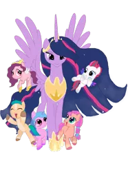 Size: 1229x1655 | Tagged: artist needed, source needed, safe, derpibooru import, hitch trailblazer, izzy moonbow, pipp petals, princess twilight 2.0, sunny starscout, twilight sparkle, twilight sparkle (alicorn), zipp storm, alicorn, earth pony, pegasus, pony, unicorn, the last problem, colt, colt hitch trailblazer, female, filly, filly izzy moonbow, filly pipp petals, filly sunny starscout, filly zipp storm, flying, g4, g5, horn, image, male, mane 5, mane five (g5), mare, older, older twilight, png, simple background, transparent background, wings, younger