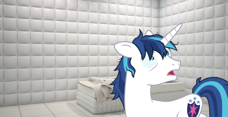 Size: 1200x618 | Tagged: safe, derpibooru import, shining armor, unicorn, the crystalling, cracked armor, frazzled, image, insanity, male, open mouth, padded cell, png