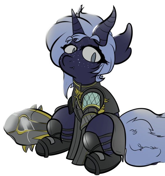 Size: 1700x1814 | Tagged: safe, artist:doegie, derpibooru import, oc, oc:blizzard shard, unofficial characters only, pony, succubus, unicorn, armor, dark skin, destiny (game), freckles, helmet, horn, image, male, multiple horns, png, solo, warlock (destiny)