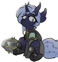 Size: 1700x1814 | Tagged: safe, artist:doegie, derpibooru import, oc, oc:blizzard shard, unofficial characters only, pony, succubus, unicorn, armor, dark skin, destiny (game), freckles, helmet, horn, image, male, multiple horns, png, solo, warlock (destiny)