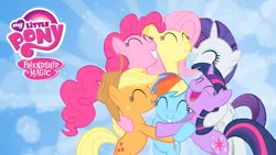 Size: 1280x720 | Tagged: safe, derpibooru import, official, applejack, fluttershy, pinkie pie, rainbow dash, rarity, twilight sparkle, earth pony, pegasus, pony, unicorn, friendship is magic, the cutie mark chronicles, abstract background, applejack's hat, cowboy hat, female, g4, hat, hug, image, jpeg, mane six, mare, my little pony logo, netflix