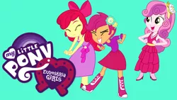 Size: 1280x720 | Tagged: safe, derpibooru import, official, apple bloom, scootaloo, sweetie belle, equestria girls, equestria girls (movie), equestria girls logo, female, green background, image, jpeg, my little pony logo, netflix, simple background, trio