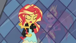 Size: 3410x1920 | Tagged: safe, derpibooru import, screencap, sunset shimmer, equestria girls, my past is not today, rainbow rocks, canterlot high, clothes, eyes closed, female, high res, image, jacket, jpeg, leather, leather jacket, open mouth, sunset satan