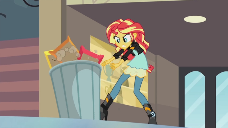 Size: 3410x1920 | Tagged: safe, derpibooru import, screencap, sunset shimmer, equestria girls, my past is not today, rainbow rocks, boots, canterlot high, clothes, female, high heel boots, high res, image, jacket, jpeg, leather, leather jacket, photo frame, shoes, solo, trash can