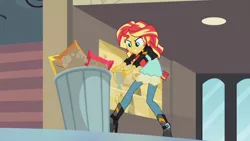 Size: 3410x1920 | Tagged: safe, derpibooru import, screencap, sunset shimmer, equestria girls, my past is not today, rainbow rocks, boots, canterlot high, clothes, female, high heel boots, high res, image, jacket, jpeg, leather, leather jacket, photo frame, shoes, solo, trash can