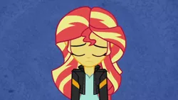 Size: 3410x1920 | Tagged: safe, derpibooru import, screencap, sunset shimmer, equestria girls, my past is not today, rainbow rocks, alone, clothes, eyes closed, female, high res, image, jacket, jpeg, leather, leather jacket, sad, solo