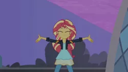 Size: 3410x1920 | Tagged: safe, derpibooru import, screencap, sunset shimmer, equestria girls, my past is not today, rainbow rocks, canterlot high, clothes, eyes closed, female, high res, image, jacket, jpeg, leather, leather jacket, smiling, solo