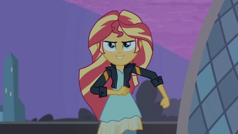 Size: 3410x1920 | Tagged: safe, derpibooru import, screencap, sunset shimmer, equestria girls, my past is not today, rainbow rocks, canterlot high, clothes, female, high res, image, jacket, jpeg, leather, leather jacket, smiling, solo