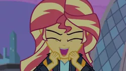 Size: 3410x1920 | Tagged: safe, derpibooru import, screencap, sunset shimmer, equestria girls, my past is not today, rainbow rocks, clothes, eyes closed, female, high res, image, jacket, jpeg, leather, leather jacket, open mouth, solo