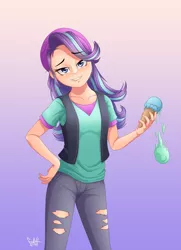 Size: 1810x2505 | Tagged: safe, artist:fadlihalimns, derpibooru import, starlight glimmer, equestria girls, clothes, food, human coloration, ice cream, image, lip bite, looking at you, png, torn pants