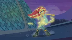 Size: 3410x1920 | Tagged: safe, derpibooru import, screencap, sunset shimmer, equestria girls, my past is not today, rainbow rocks, boots, canterlot high, clothes, female, high heel boots, high res, image, jpeg, shoes, smiling, solo