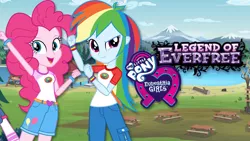 Size: 1280x720 | Tagged: safe, derpibooru import, official, pinkie pie, rainbow dash, equestria girls, legend of everfree, camp everfree, cloud, duo, equestria girls logo, female, forest, image, jpeg, my little pony logo, netflix, picnic table, table, tree