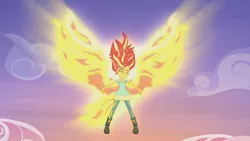 Size: 3410x1920 | Tagged: safe, derpibooru import, screencap, sunset shimmer, phoenix, equestria girls, my past is not today, rainbow rocks, boots, clothes, eyes closed, female, high heel boots, high res, image, jpeg, shoes, smiling, solo