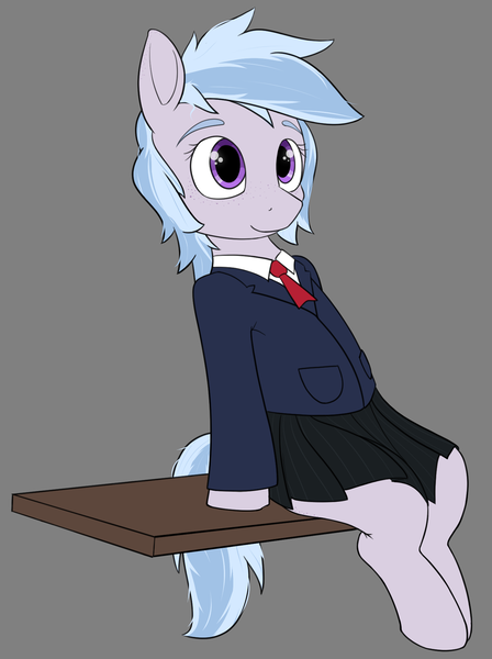 Size: 1422x1903 | Tagged: safe, artist:expression2, colorist:pinkberry, ponybooru import, oc, oc:winter azure, earth pony, pony, butt freckles, clothes, colt, crossdressing, femboy, freckles, girly, image, male, png, school uniform, sitting, skirt, trap