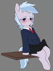 Size: 1422x1903 | Tagged: suggestive, artist:expression2, colorist:pinkberry, ponybooru import, oc, oc:winter azure, earth pony, pony, blushing, butt freckles, clothes, colt, crossdressing, crotch bulge, erection, femboy, foal, foalcon, freckles, girly, image, male, penis, png, precum, school uniform, sitting, skirt, skirt boner, trap, underage