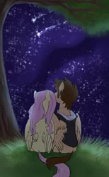 Size: 2000x3250 | Tagged: safe, artist:not-ordinary-pony, derpibooru import, fluttershy, fanfic:kingdom hearts of harmony, commission, crossover, crossover shipping, fanfic art, image, kingdom hearts, kingdom hearts of harmony, night, png, shipping, sora, stars