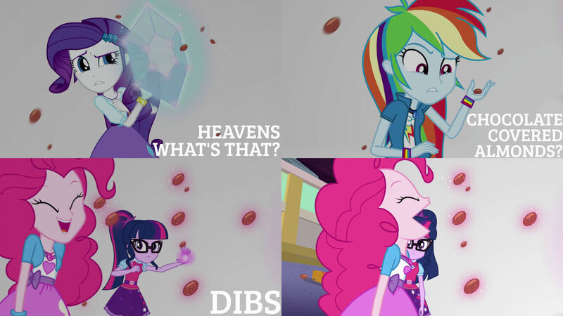 Size: 1280x720 | Tagged: safe, derpibooru import, edit, edited screencap, editor:quoterific, screencap, pinkie pie, rainbow dash, rarity, sci-twi, twilight sparkle, equestria girls, mirror magic, spoiler:eqg specials, clothes, cutie mark, cutie mark on clothes, eyes closed, female, geode of shielding, geode of sugar bombs, geode of super speed, geode of telekinesis, glasses, hairpin, image, jewelry, jpeg, magical geodes, necklace, open mouth, ponytail