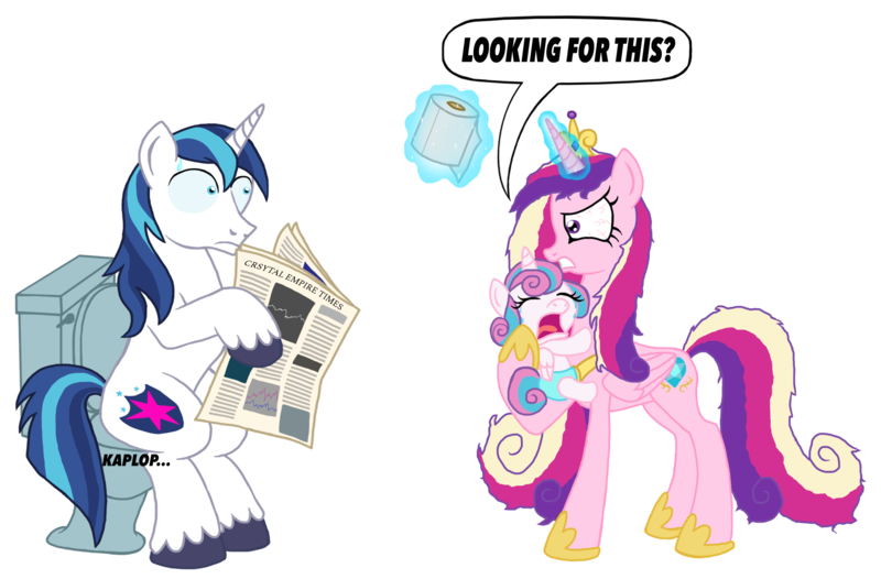 Size: 2702x1775 | Tagged: safe, anonymous artist, derpibooru import, princess cadance, princess flurry heart, shining armor, alicorn, pony, unicorn, angry, bloodshot eyes, but why, crying, eyes closed, father and child, father and daughter, female, gritted teeth, image, implied pooping, levitation, magic, male, messy mane, mother and child, mother and daughter, newspaper, open mouth, parenting, png, revenge, shocked, sweat, sweatdrop, telekinesis, toilet, toilet paper, wide eyes