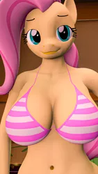 Size: 1080x1920 | Tagged: suggestive, artist:camtwosix, derpibooru import, fluttershy, anthro, plantigrade anthro, 3d, belly button, big breasts, bikini, bottomless, breasts, busty fluttershy, clothes, female, fluttershy's cottage, huge breasts, image, looking at you, partial nudity, pinup, png, pose, solo, solo female, source filmmaker, swimsuit