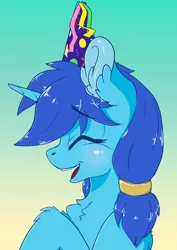 Size: 3508x4961 | Tagged: safe, artist:wbp, derpibooru import, oc, oc:single drop, pony, unicorn, chest fluff, eyes closed, gift art, happy, hat, image, png, simple background, smiling, solo