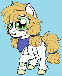 Size: 576x708 | Tagged: safe, artist:rosefang16, derpibooru import, oc, oc:snow white apple, earth pony, pony, blue background, female, filly, fluffy, freckles, image, magical gay spawn, neckerchief, offspring, parent:big macintosh, parent:prince blueblood, parents:bluemac, png, raised hoof, simple background, solo, unshorn fetlocks