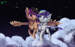 Size: 4500x2800 | Tagged: safe, artist:joan-grace, derpibooru import, oc, unofficial characters only, bat pony, pegasus, pony, bat pony oc, bat wings, duo, female, flying, image, jewelry, male, mare, necklace, night, pegasus oc, png, signature, stallion, stars, wings