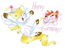 Size: 1417x1043 | Tagged: safe, artist:khimi-chan, derpibooru import, oc, unofficial characters only, pegasus, pony, duo, eyes closed, happy birthday, hat, image, party hat, party horn, pegasus oc, png, simple background, smiling, underhoof, white background, wings