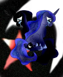 Size: 1400x1700 | Tagged: safe, artist:foxgearstudios, derpibooru import, princess luna, alicorn, pony, fanfic, abstract background, clothes, crying, duo, fanfic art, fanfic cover, female, hoof shoes, image, jpeg, mare, sad