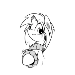 Size: 658x658 | Tagged: safe, artist:srmario, derpibooru import, oc, oc:doctiry, unofficial characters only, pony, unicorn, broken horn, eyelashes, female, horn, image, lineart, mare, monochrome, png, signature, simple background, smiling, solo, white background