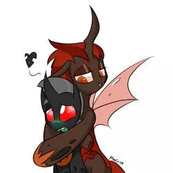 Size: 757x757 | Tagged: safe, artist:srmario, derpibooru import, changeling queen oc, oc, oc:princess amanita, oc:reinflak, unofficial characters only, changeling, changeling queen, bedroom eyes, changeling oc, female, heart, hoof shoes, hug, hug from behind, image, male, oc x oc, png, red eyes, shipping, signature, simple background, white background
