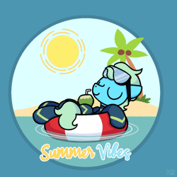 Size: 1000x1000 | Tagged: safe, artist:sugar morning, derpibooru import, oc, oc:sea glow, pony, animated, beach, commission, diving goggles, drink, eyes closed, gif, image, inner tube, ocean, palm tree, relaxing, solo, sun, tree, wetsuit, ych animation, ych result